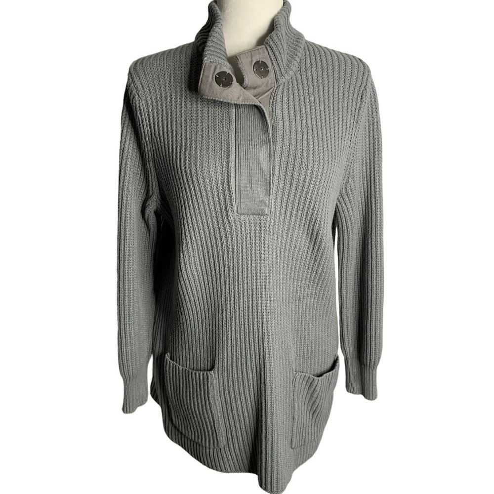Soft Surroundings Highland Sweater M Grey Snaps Pockets Chunky Rib Knit Tunic - Picture 1 of 6